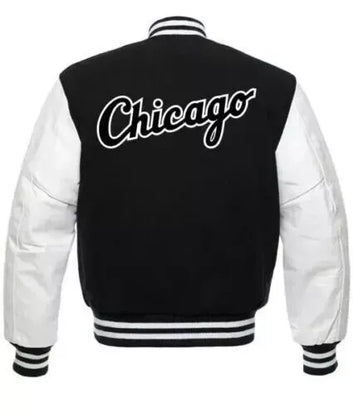Men Chicago White Sox Letterman Varsity Jacket Black & White-Genuine Leather Sleeves - MLB