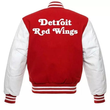 Detroit Red Wings Letterman Varsity jacket wool & genuine leather sleeves red and white