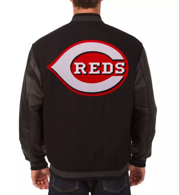 Men Cincinnati Reds Letterman Varsity Jacket Black Wool with Leather Sleeves MLB