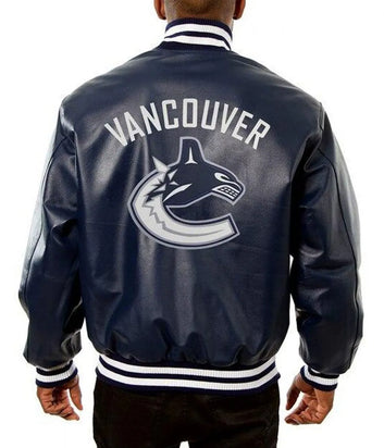 Men Vancouver Canucks Navy Blue Leather Varsity Jacket - NHL