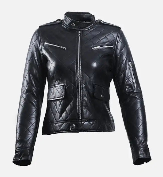 Women Black Leather Puffer Jacket